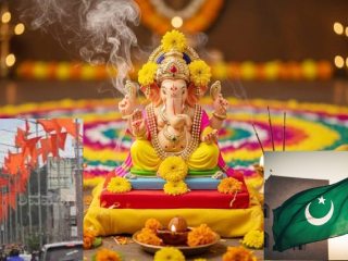 श्री गणेशमूर्ती स्थापण्यात आल्याच्या परिसरात मुसलमानांनी भगव्या झेंड्याच्या बाजूला लावले हिरवे झेंडे !